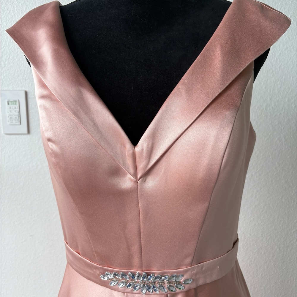 Chic Peach Blush Satin Gown with Jewel Detail